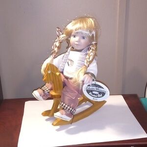 Collectable Memories Porcelain Doll "Jackie" W/Wooden Rocking Horse Vintage